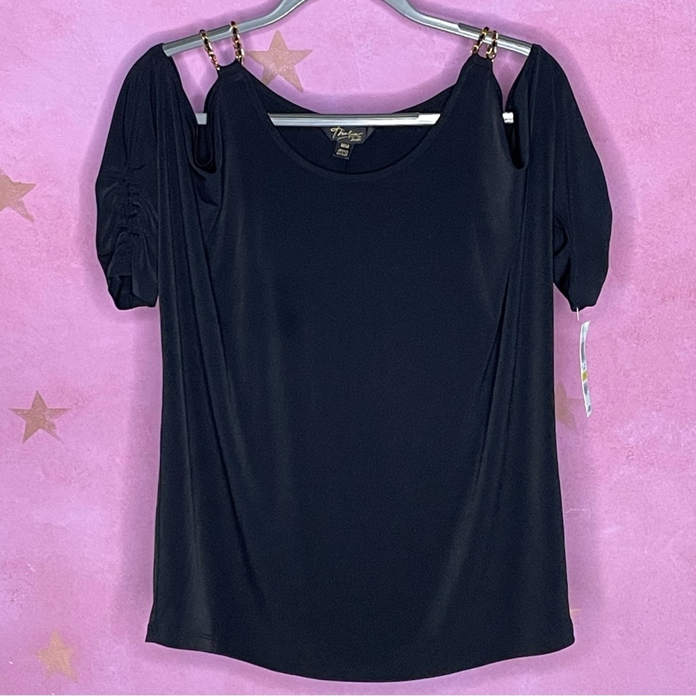 Thalia Sodi Black Cold Shoulder Short Sleeve Blouse Women’s Medium New